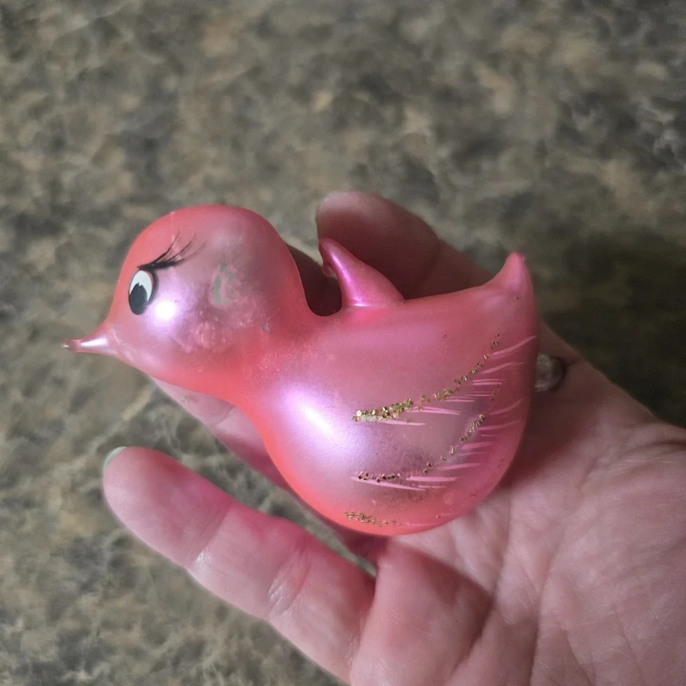 Vintage West Germany Glass Bird Ornament Pink Glitter Clip Style Christmas 3
